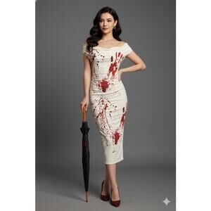 Retro Stage 1960s White Blood Pencil Halloween Dress NWOT